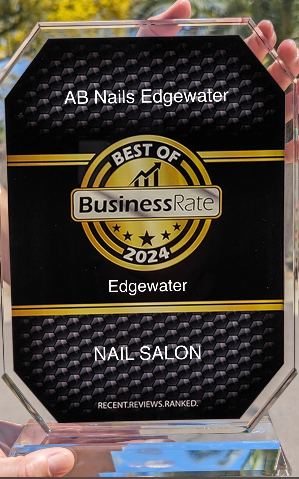 Best of BusinessRate 2024 crystal award for AB Nails Edgewater Nail Salon