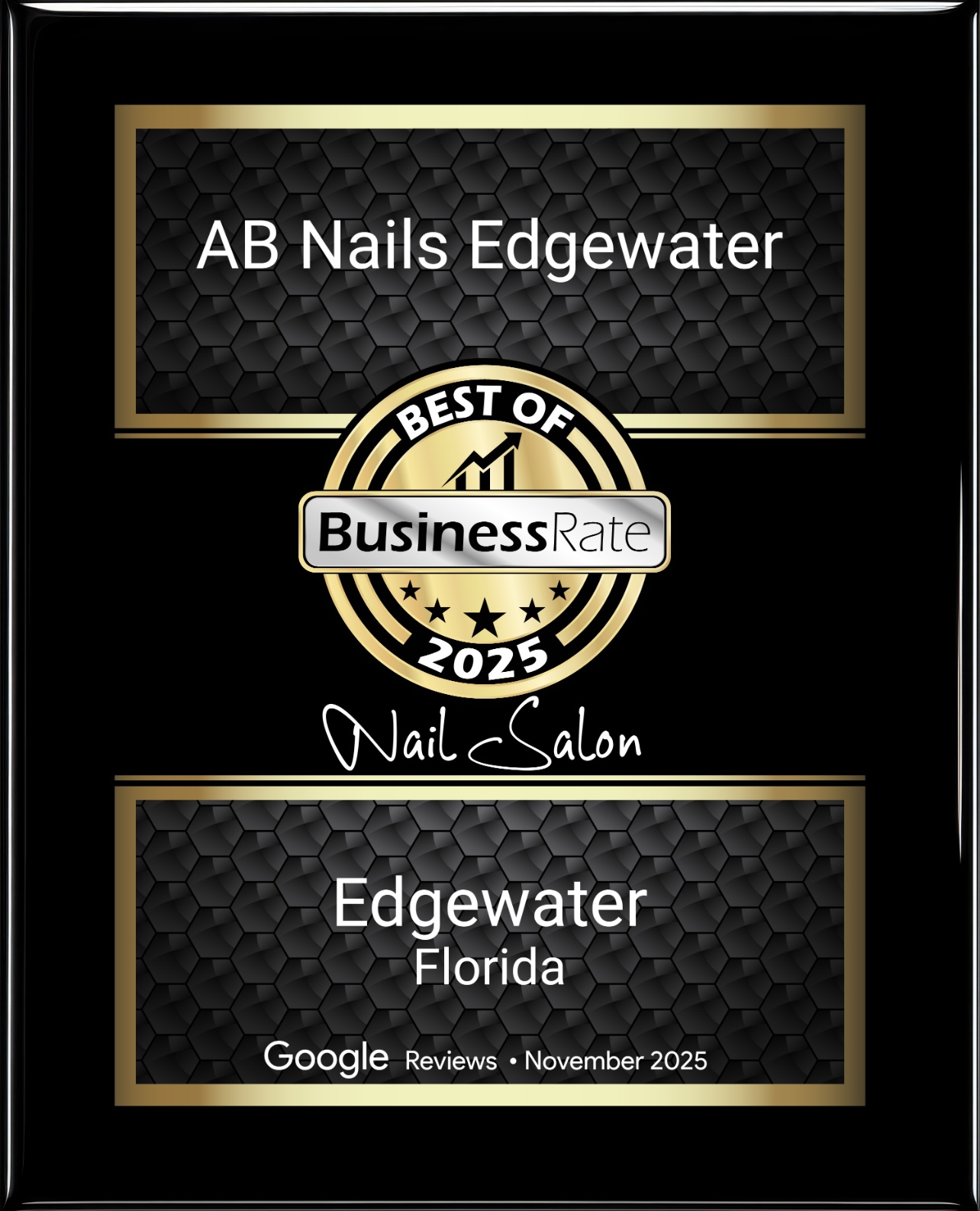Best of BusinessRate 2025 award plaque for AB Nails Edgewater Nail Salon