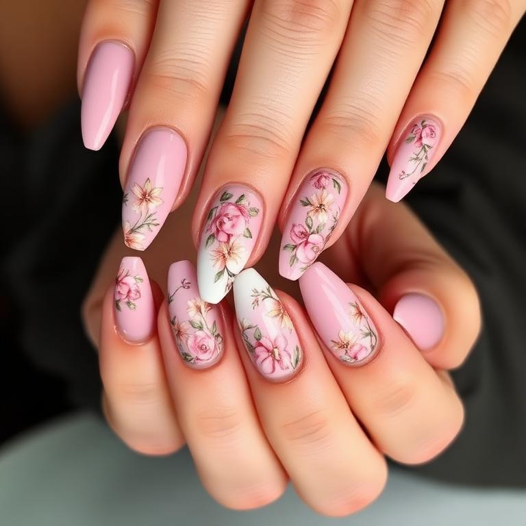 Floral nail art on almond nails