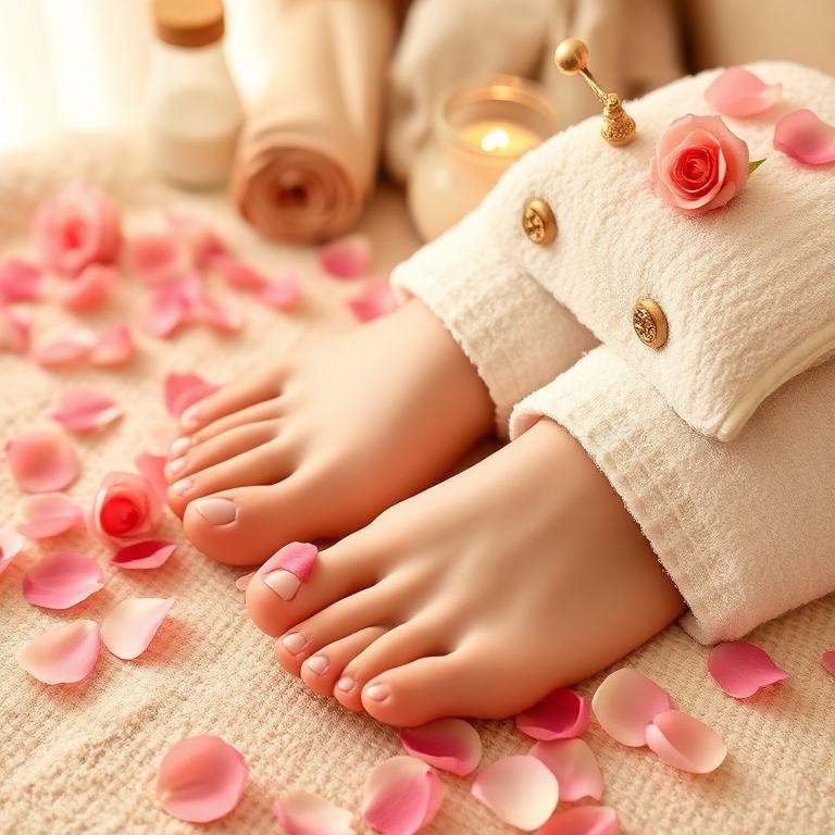 Relaxing pedicure with rose petals
