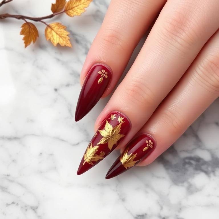 Burgundy and gold autumn nail design