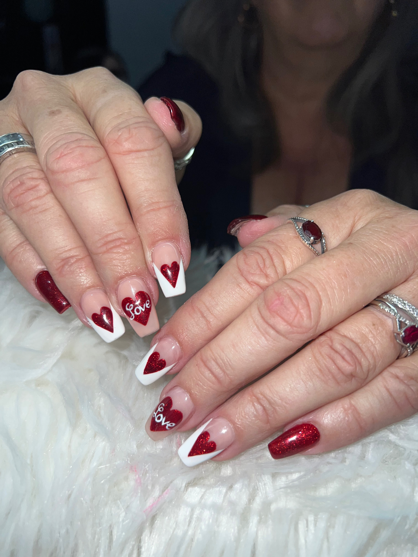 Valentine's Day red glitter hearts and white French tips